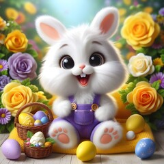 Fototapeta premium a bunny and colorful easter eggs with colorful flowers background