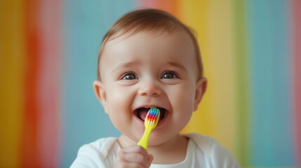 Depict a baby giggling with delight as they play with a colorful baby toothbrush, making dental care a fun and positive experience.