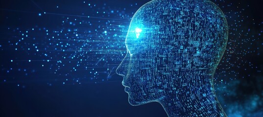 Abstract Digital Human Profile with Binary Code and Circuit Patterns – A Futuristic Vector Illustration of Artificial Intelligence