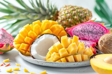 Exotic Tropical Fruit Platter Featuring Fresh Sliced Ripe Mango Pineapple Coconut and Vibrant Dragon Fruit Arranged Beautifully for a Healthy Snack or Dessert