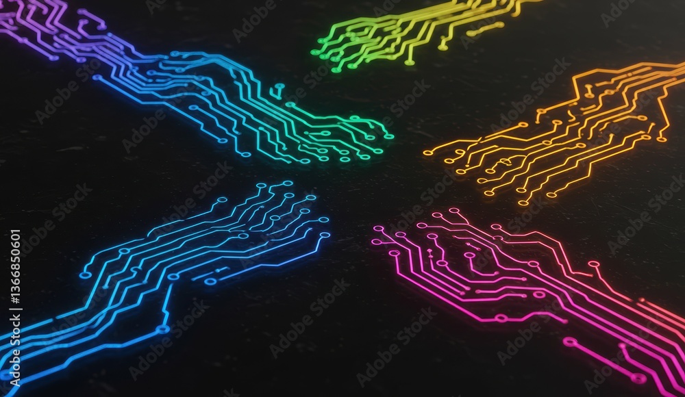 Poster abstract design featuring colorful neon circuit patterns on dark background. represents technology a