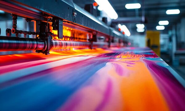 Colorful Textile Printing Process in Modern Factory with Dynamic Design and Vibrant Patterns