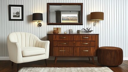 MidCentury Modern Living Room Interior Design Stylish Chair Wooden Chest of Drawers and Decor