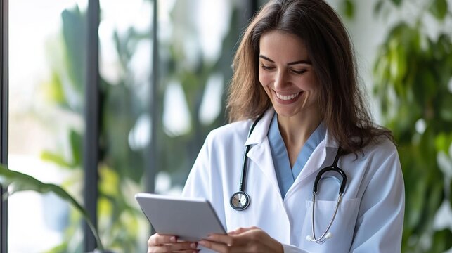 Smiling 30 years old female doctor oncologist read good labs results received by email on pad. Happy young woman medic enjoy easy access to online documents electronic patient records in medical app