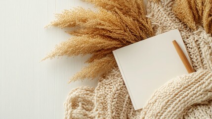 Flat lay mockup of eco-friendly craft stationery including blank notebook, wooden pen, and beige accents. White background with text space for minimalist project planning and branding.