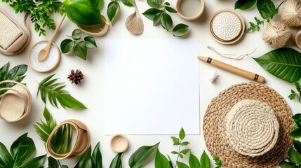 Top-down flat lay of blank white notebook, wooden pen, and beige eco-friendly stationery on white background. Minimalist layout with copy space for creative branding and digital content.