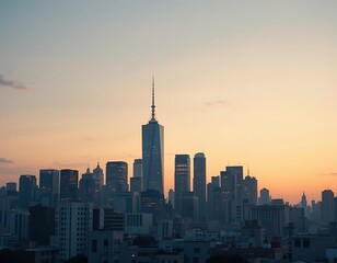 Naklejka premium New York City Skyline at Dusk with Warm Sunset Light