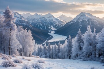 Stunning High-Altitude Snow-Covered Landscape with Frosted View of Enchanted Woods in Canada
