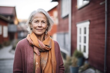 Portrait of a senior body positive woman with slightly messy modern apartment in the background in Sweden