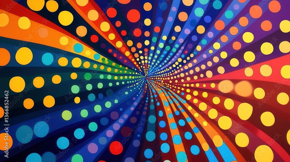 Poster vibrant colored dots spinning rapidly, creating a mesmerizing pattern as they rotate and shift color