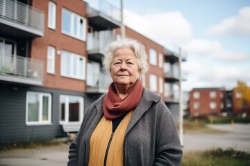 Portrait of a senior body positive woman with slightly messy modern apartment in the background in Sweden