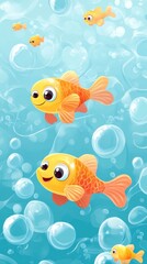Fototapeta premium Funny cartoon fish swimming in a bubbly sea, animated fish in bubbly water. Vertical