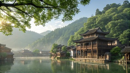 Fototapeta premium Traditional Chinese architecture, tranquil lake, misty mountains, lush green trees, wooden pavilion, reflections in water, peaceful landscape, ancient oriental village, overhanging branches