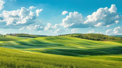 Fototapeta premium Capture a scenic view of countryside landscapes with rolling hills and open fields, offering a tranquil backdrop for real estate advertising.