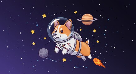Corgi Dog Astronaut Flying Through Space with Planets and Stars