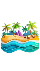 Obraz premium 3D Illustration of Tropical Island with Beach Palm Trees and Ocean Waves