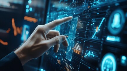 A cryptocurrency researcher designing AI powered decentralized solutions for secure crypto asset transfers, futuristic transfer lab with live data, High-tech style