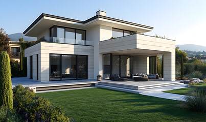 Modern House Exterior With Stone Facade And Patio