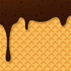 Melted chocolate chunk ice cream drop onto ice cream cone pattern yellow brown colors square background graphic illustration have blank space.