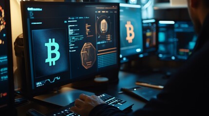 A cryptocurrency researcher working on AI driven decentralized platforms for cross border crypto payments, futuristic payment lab with live transaction data, High-tech style