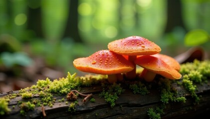 A bed of reishi mushrooms on a wooden planks in the woods, natural growth, forest floor, biotic