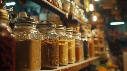 spice market stall with jars of cumin, paprika, and garlic powder, with the colorful atmosphere of the bustling market.