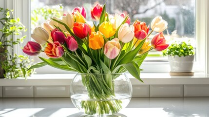 A charming bouquet of fresh tulips in various colors, displayed in a glass vase on a sunny kitchen counter.