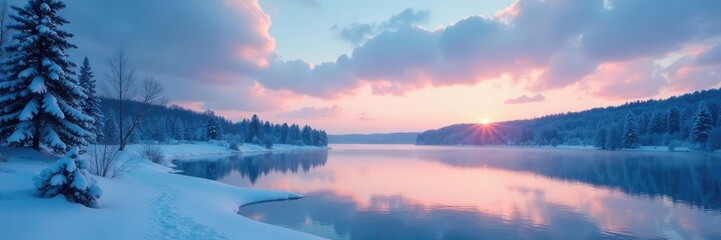 Fototapeta premium A blue-tinged sky reflects off a frozen lake during Christmas, nature, peaceful, sky