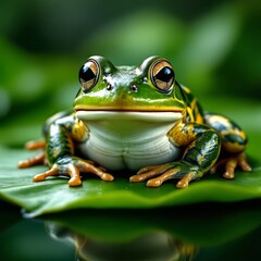Green and Yellow Frog Sitting on a Large Lily Pad Close Up