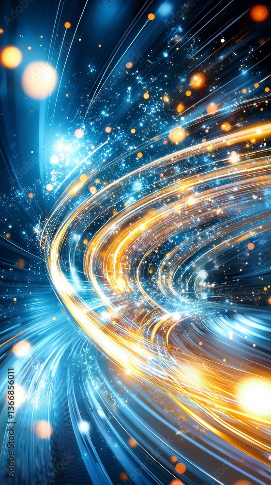 Poster dynamic light trails and sparkles abstract digital artwork vibrant colors studio environment close-u