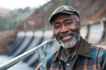 Portrait of a smiling middle aged black male engineer at hydroelectric plant