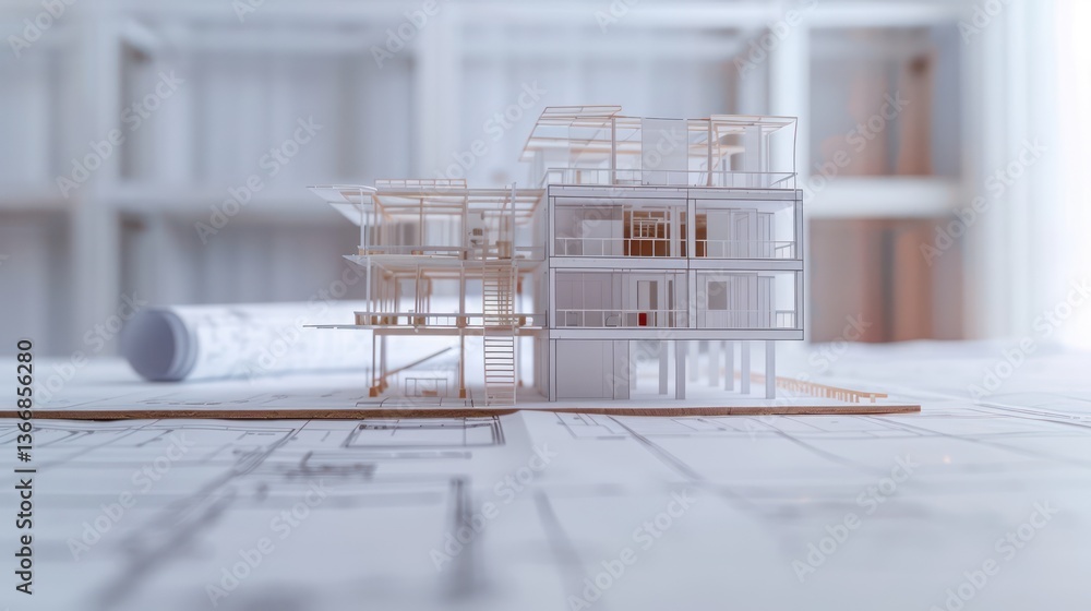 Fototapete depict a construction plan next to a model or mock-up of the building project, showcasing the transl