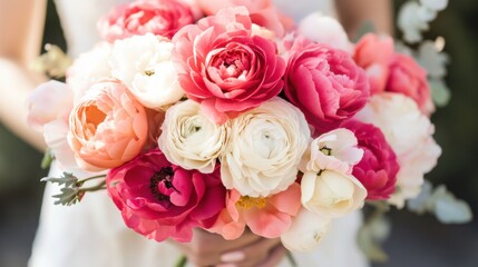 A luxurious bouquet of peonies and ranunculus in shades of pink, cream, and coral.