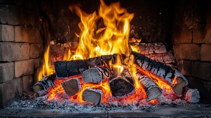 Fototapeta premium firewood burning with glowing red charcoal, the flames dancing around the embers in the cool night air.