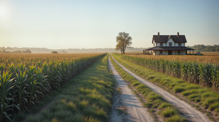 Fototapeta premium A large farmhouse sits on a vast field of golden corn, a dirt road leading towards it. Sunlight illuminates the scene, creating a peaceful atmosphere. Warm, rural pastoral setting.
