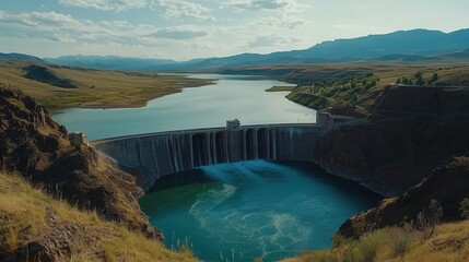 Obraz premium dam with turquoise waters below, surrounded by a rich green landscape and distant mountains, capturing the harmony of nature.