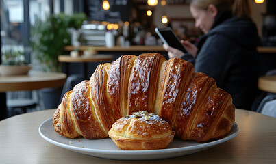Large Golden Brown Croissant and Pastry on a Plate in a Cafe
