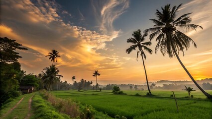 Tropical sunset, golden sky, palm trees silhouette, lush green rice fields, winding path, vibrant landscape, dramatic clouds, warm colors, serene atmosphere, Southeast Asian scenery, rural paradise