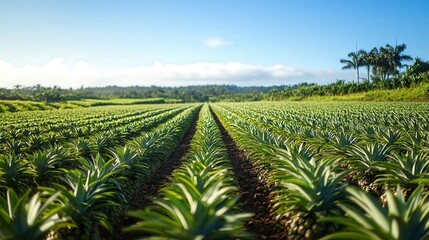 vast pineapple garden, the rows of fruit perfectly aligned, surrounded by rich greenery under a clear blue sky