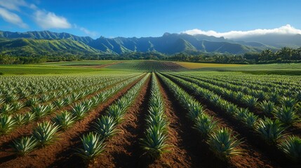 vast pineapple garden, the rows of fruit perfectly aligned, surrounded by rich greenery under a clear blue sky