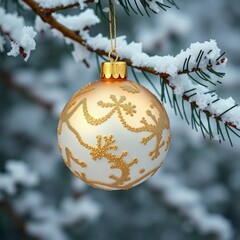 A gold and white Christmas ball suspended from a snow-covered pine twig, twig, gold