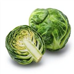 Obraz premium Fresh green Brussels sprouts are displayed on white background, showcasing one whole and one halved sprout with vibrant leaves