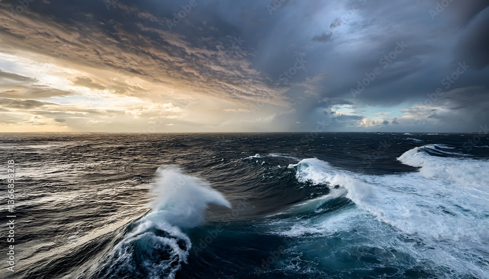 Poster a breathtaking ocean scene with dynamic waves under a dramatic sky, showcasing a blend of colors fro