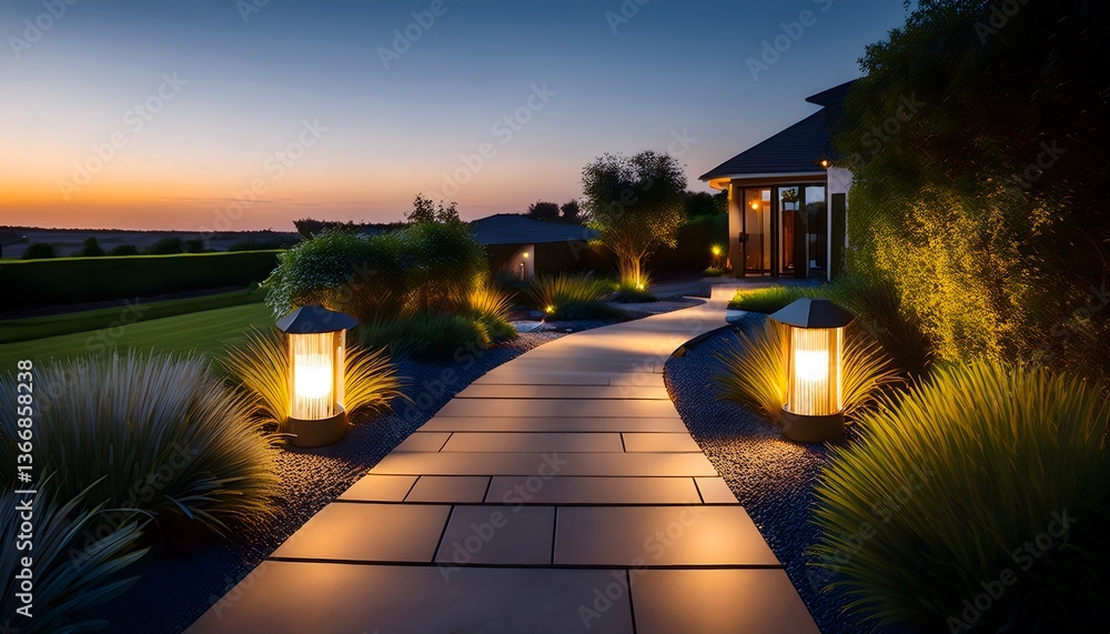 Poster a serene pathway illuminated by stylish lanterns, leading through lush greenery at dusk, creating a 