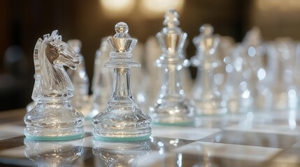beautifully crafted chess set made from glass, each piece reflecting light in a delicate balance of clarity and form