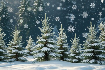 Obraz premium Enchanting Winter Wonderland with Snow Flurries on Spruce Tree Branches for Holiday Festivities