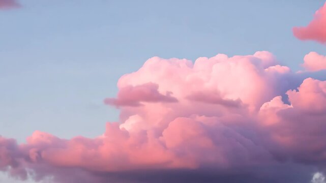 Cotton candy clouds fill the gentle blue sky as sun sets, painting everything in shades of rose and tranquility.