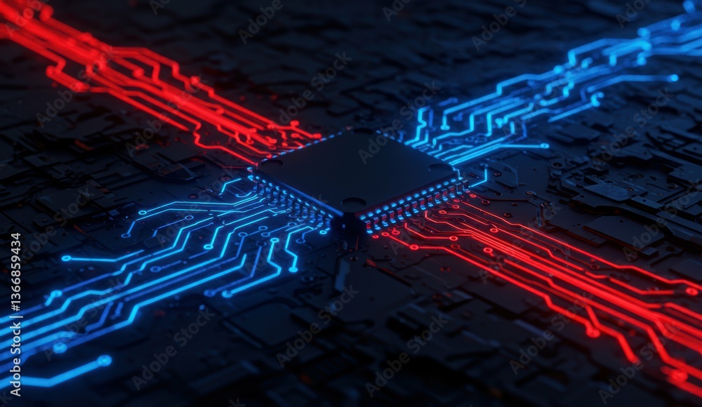 Poster microchip and circuit board with blue and red lighting. represents technology and innovation themes.