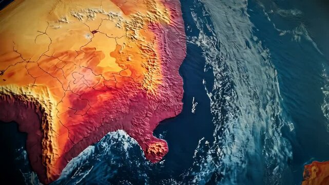 Satellite view of southeastern coast showing landforms and ocean currents in vibrant colors