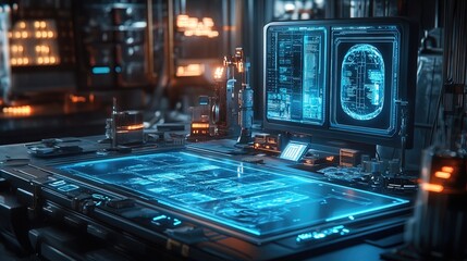 Obraz premium A high-tech laboratory table with glowing blue screens and futuristic tools